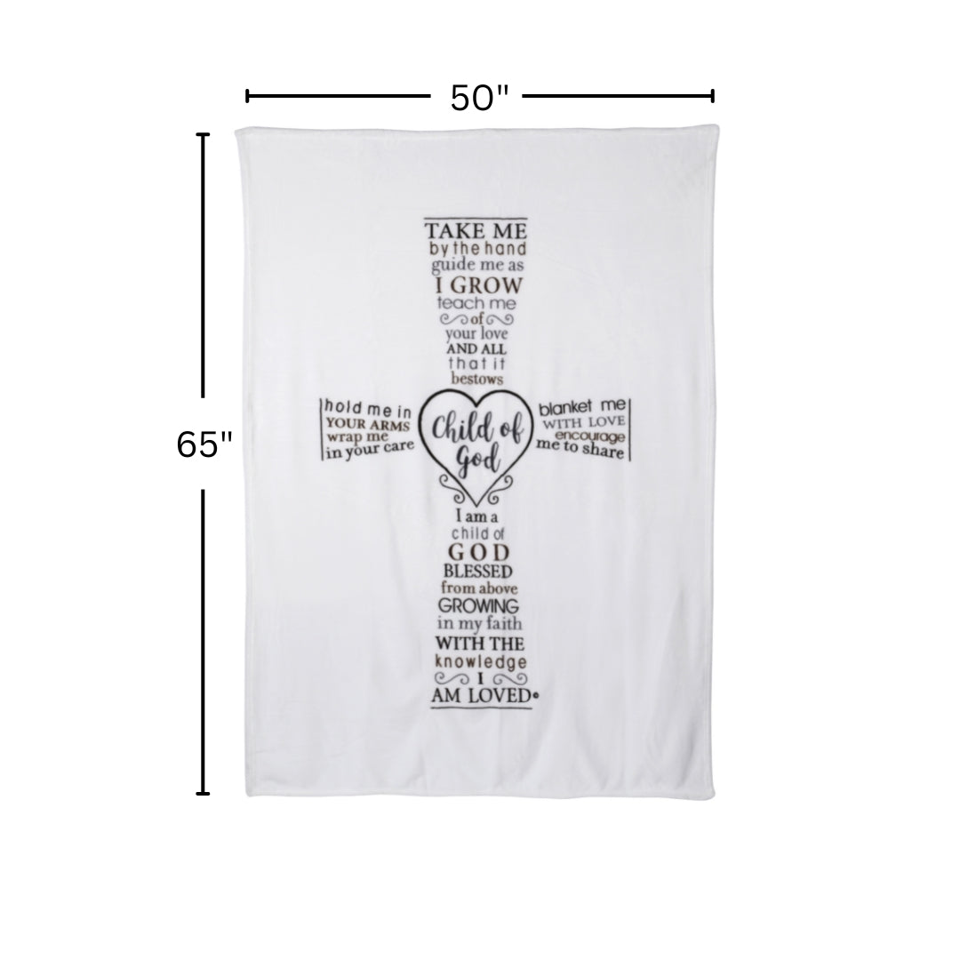 Child of God Blanket with dimensions, 50" wide by 65" long.