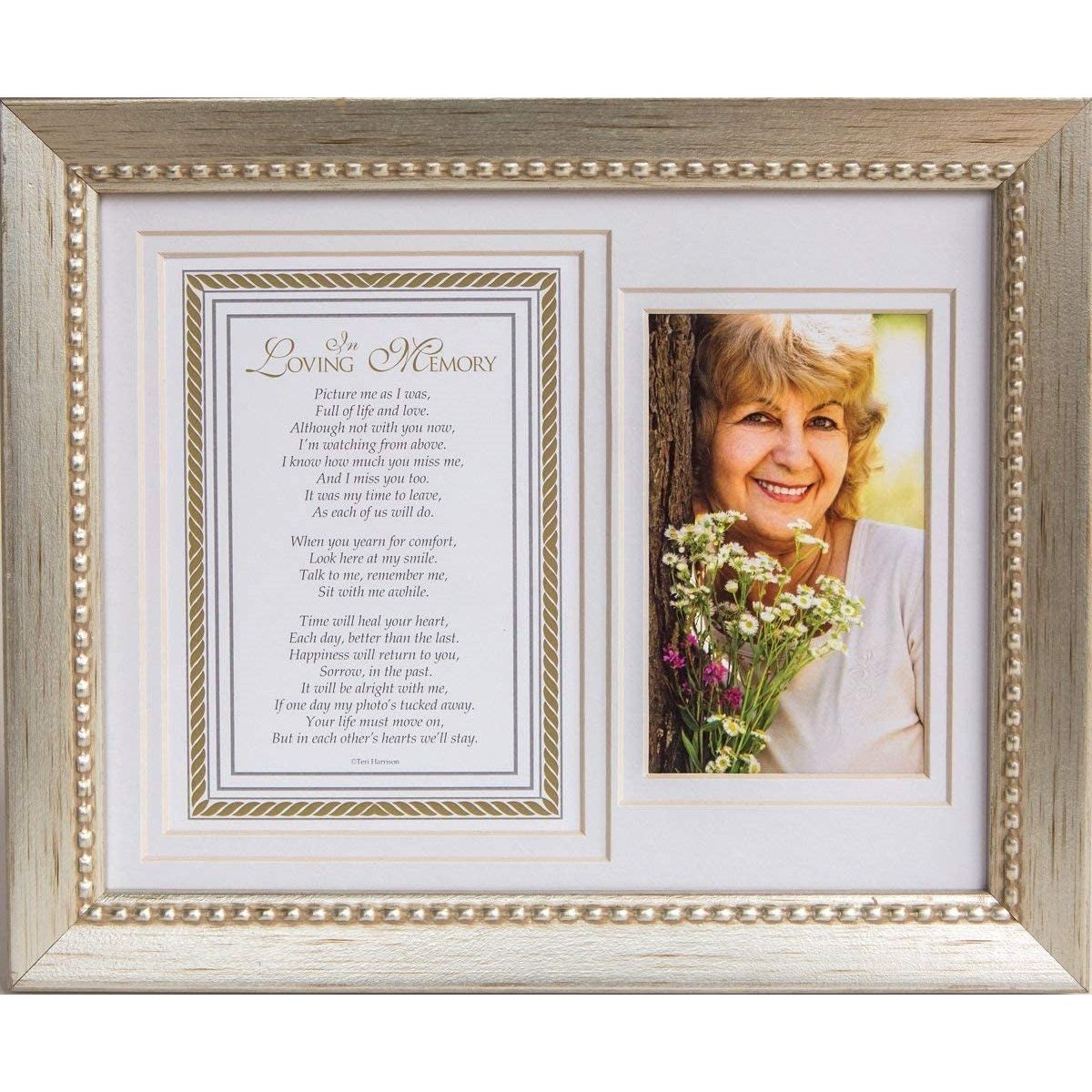 8x10 silver-toned beaded wood frame with white double mat "In Loving Memory" poem and opening for a photo.
