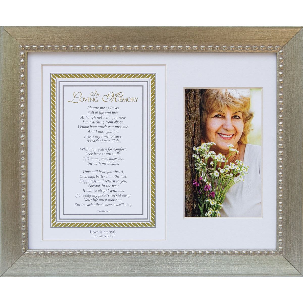8x10 silver-toned beaded wood frame with white mat &quot;In Loving Memory&quot; poem with scripture and opening for a photo.
