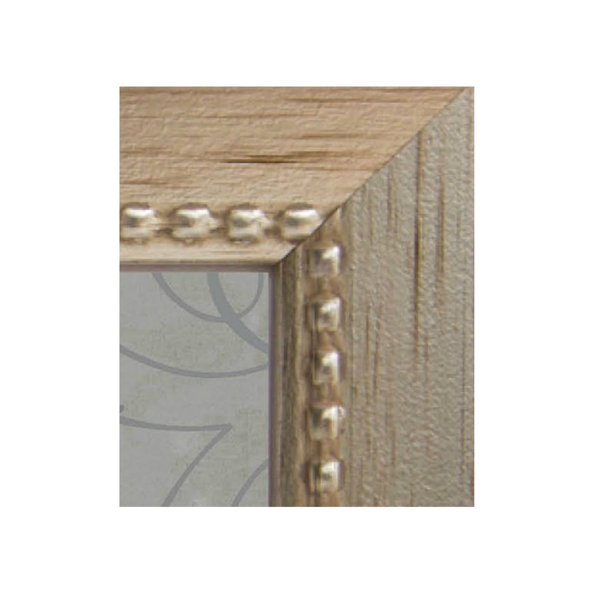 Close up of silver beaded wood frame.