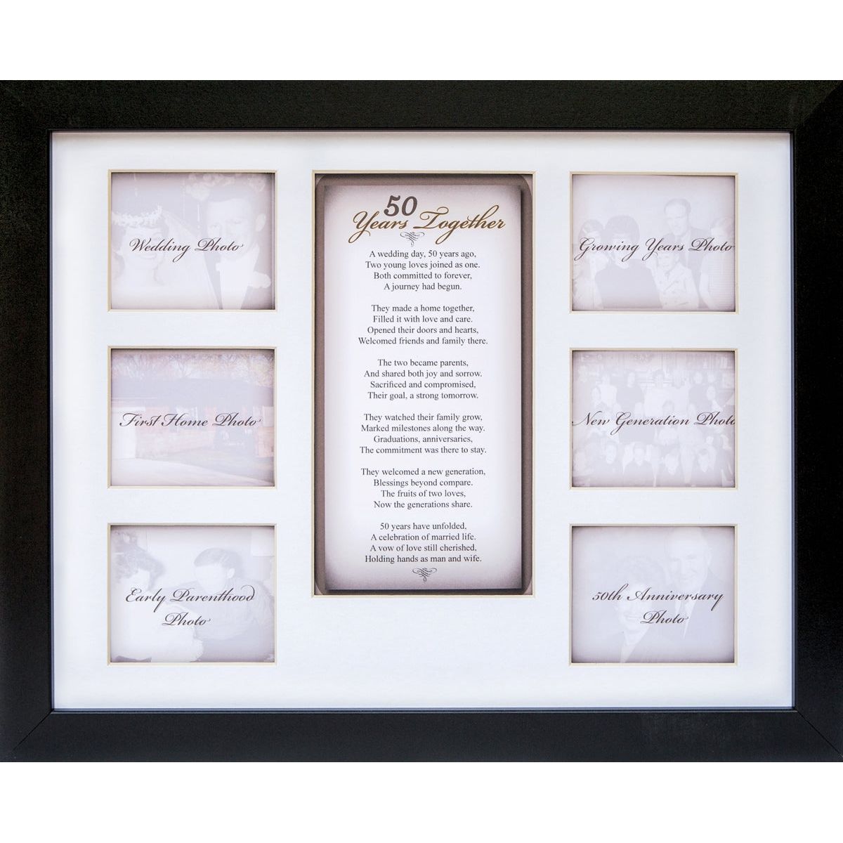 11x14 50th Wedding Anniversary Black Photo Wall Frame with "50 Years Together" sentiment in the center and space for 6 photographs of the couple's life across the years.