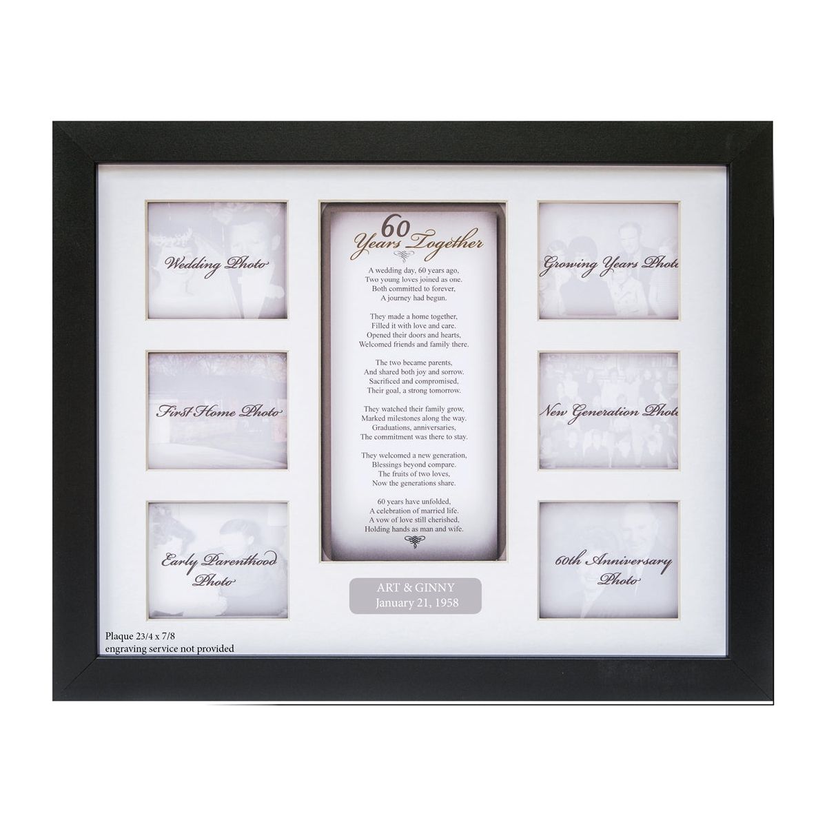 60 Years Together frame with an example of the optional engravable plaque (2 3/4&quot; x 7/8&quot;) engraving  service not provided