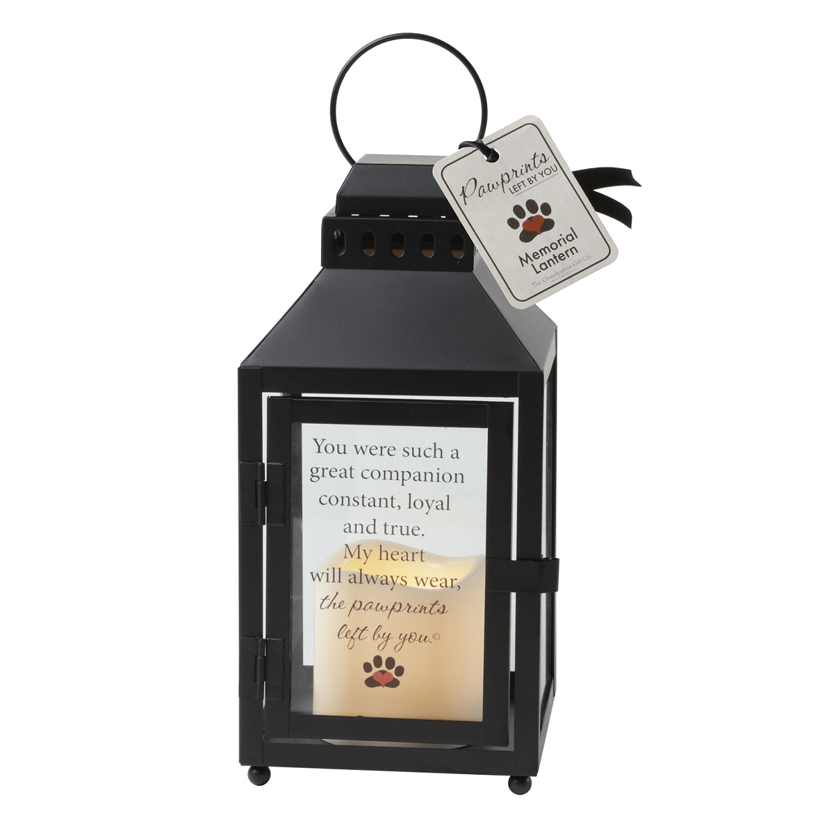 Pet loss sympathy black metal lantern with flickering built in candle, printed sentiment on glass panel and gift tag.
