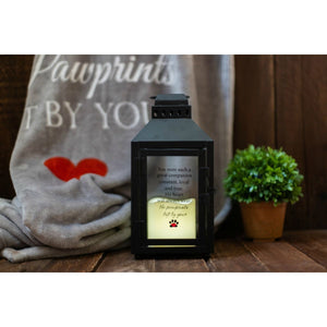 2 of 5:Pet memorial lantern with candle lit.