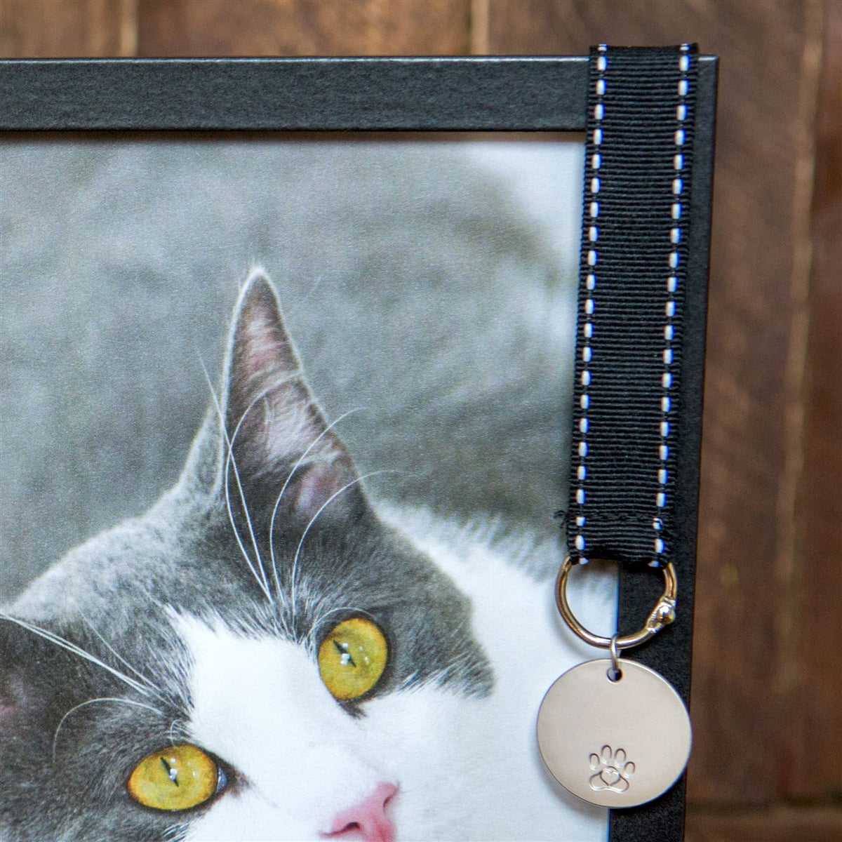 Detailed view of ribbon and pawprint tag.