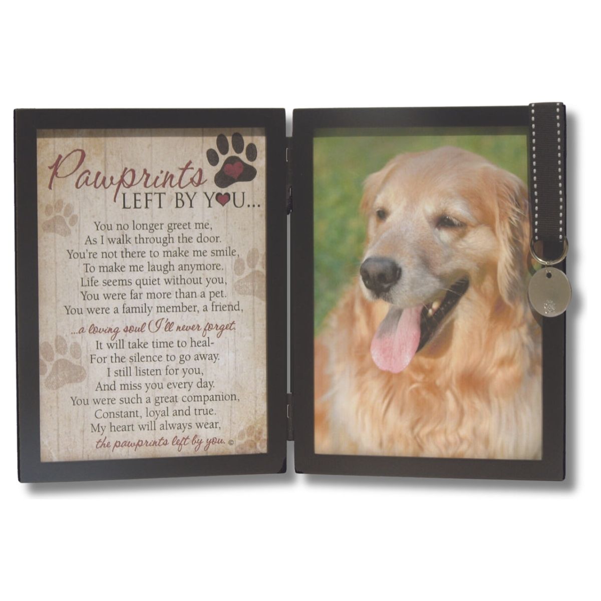 Pawprints Left by You black double frame with sentiment on the left and space for a 5x7 photo of pet on the right.