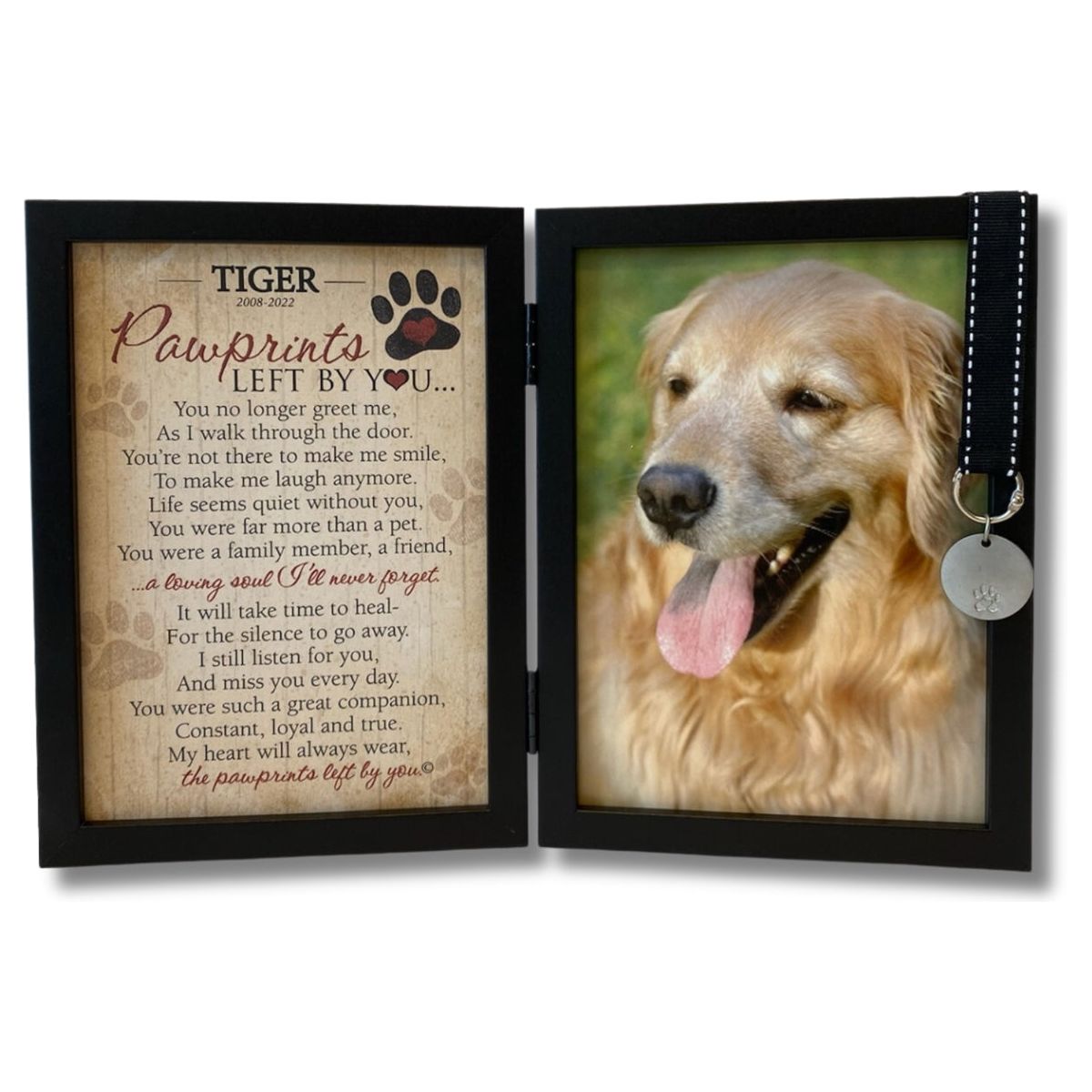 Personalized "Pawprints Left By You" black double frame with sentiment on the left and space for a 5x7 photo of dog on the right.