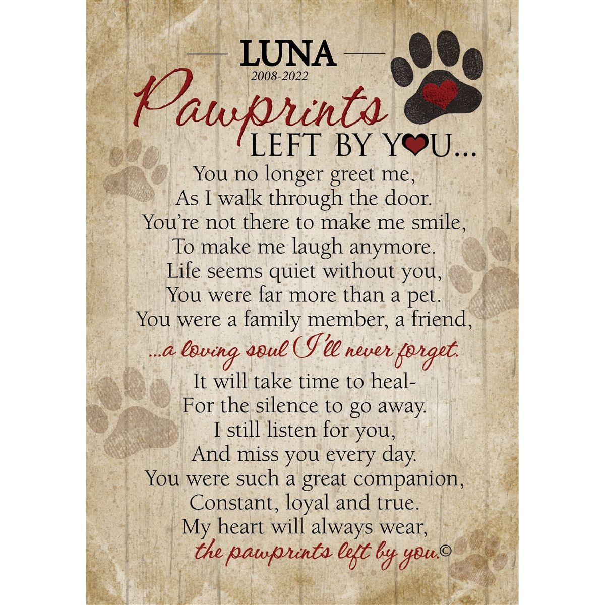 Poem personalized with cat's name and years.
