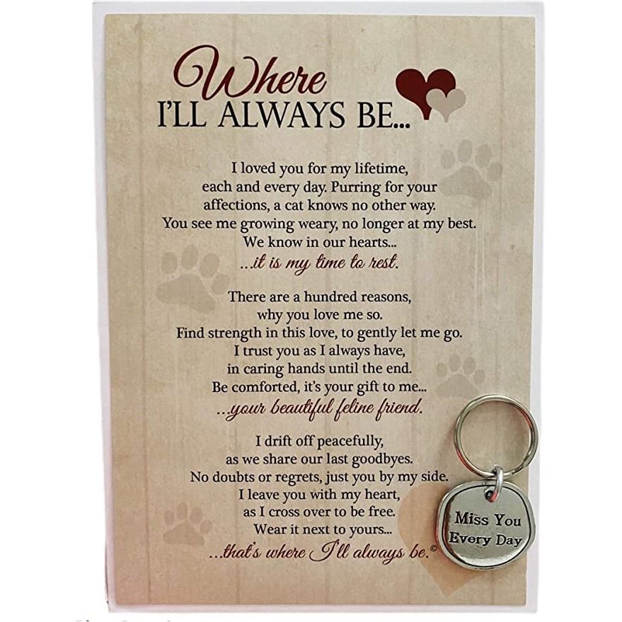 "Where I'll Always Be..." sentiment and keychain packaged in a clear plastic bag.