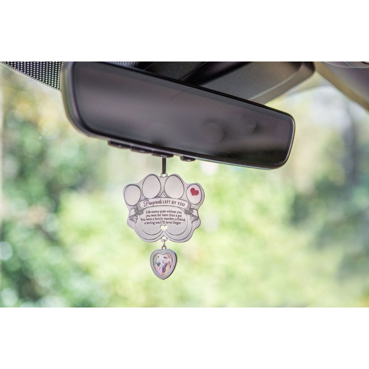 Ornament hanging from rear view mirror.
