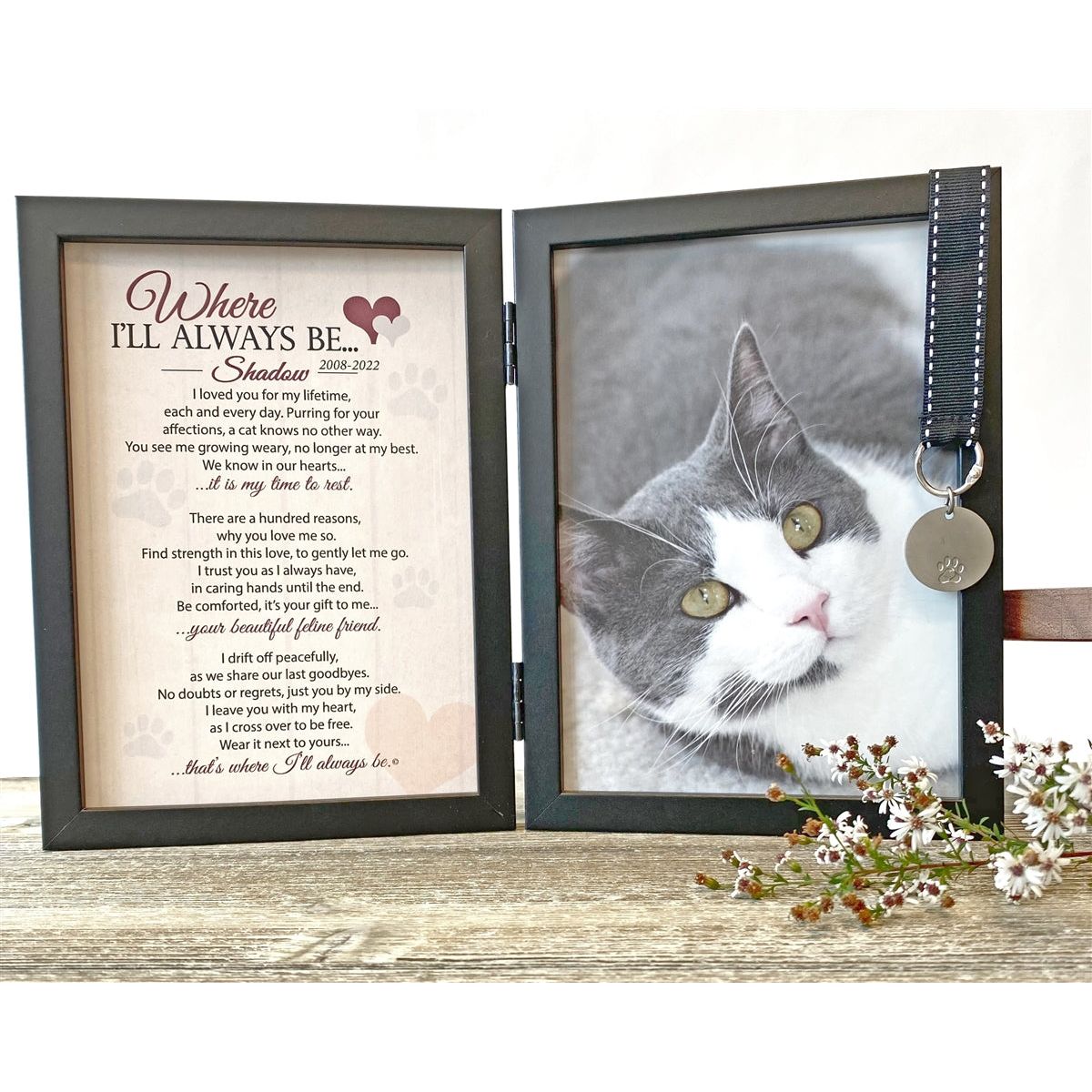Cat's name and years are customized on the artwork.