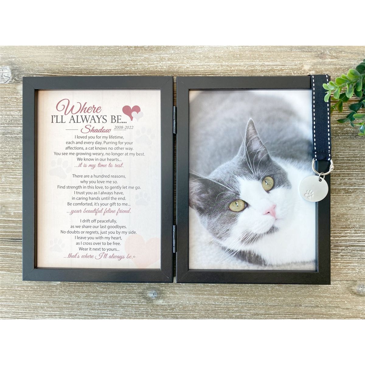 Frame features a metal tag with embossed pawprint and black grosgrain ribbon with white stitching.