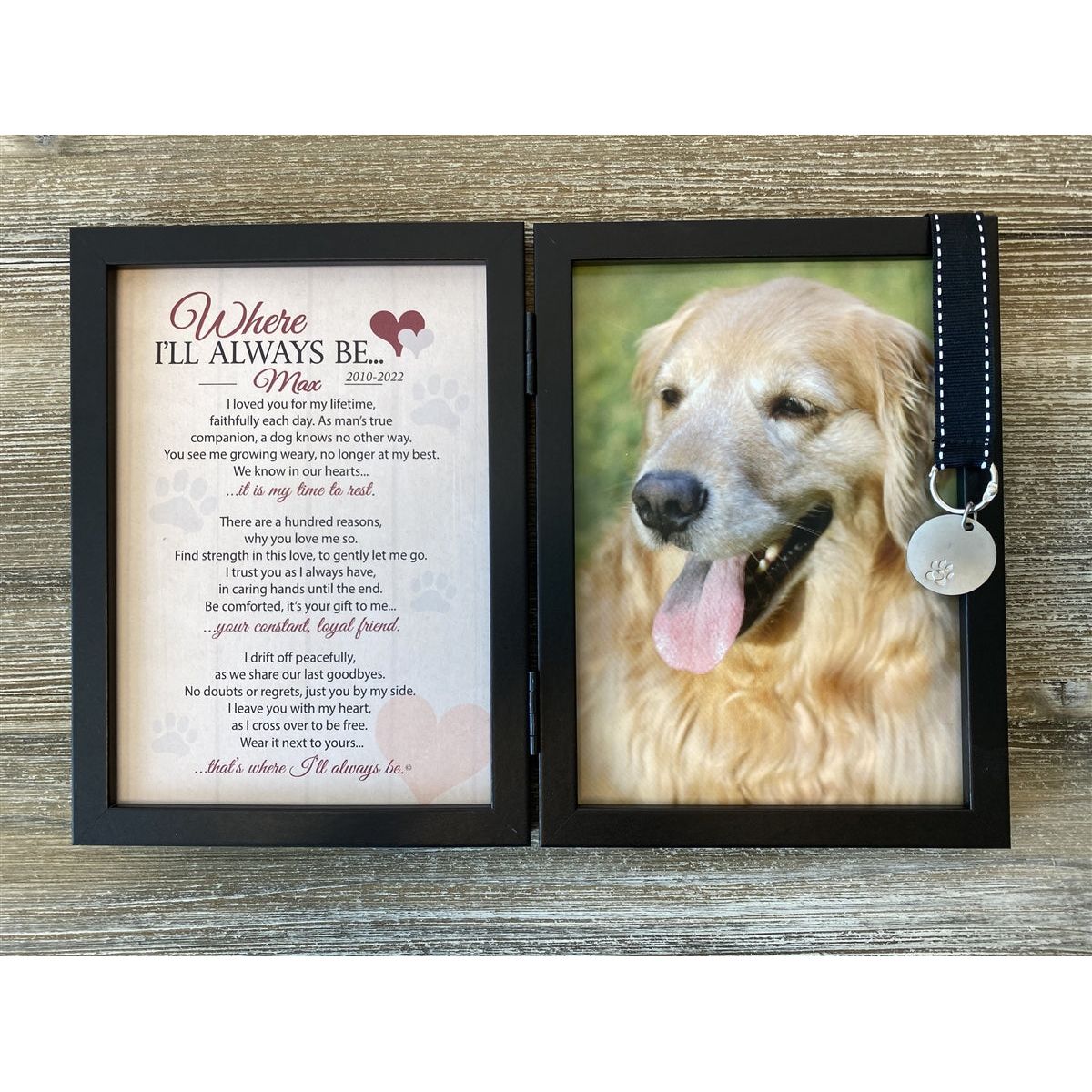 Dog's name and years are customized on the artwork.