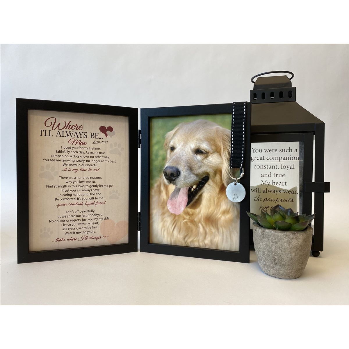 Frame features a metal tag with embossed pawprint and black grosgrain ribbon with white stitching.