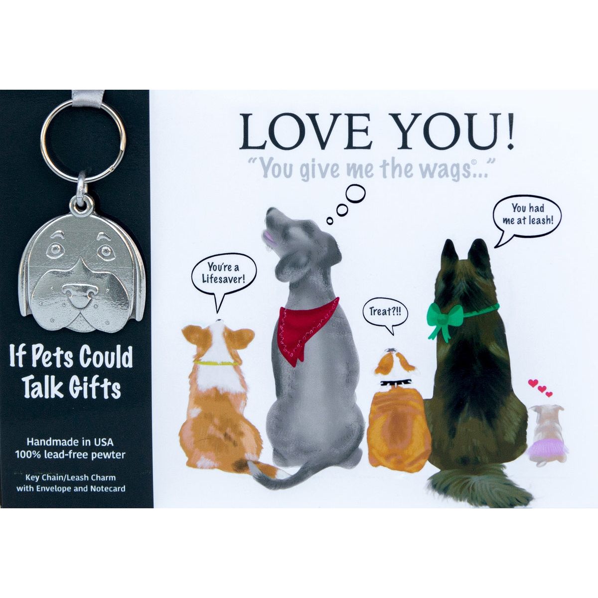 Pewter keychain in shape of a dog&#39;s face packaged with a &quot;Love You&quot; card.