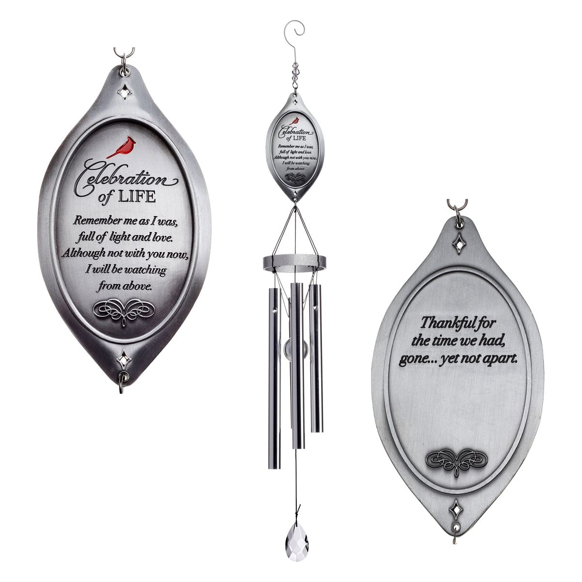 The Celebration of Life Windchime with close up views of the sentiment on front and back of the chime topper. 