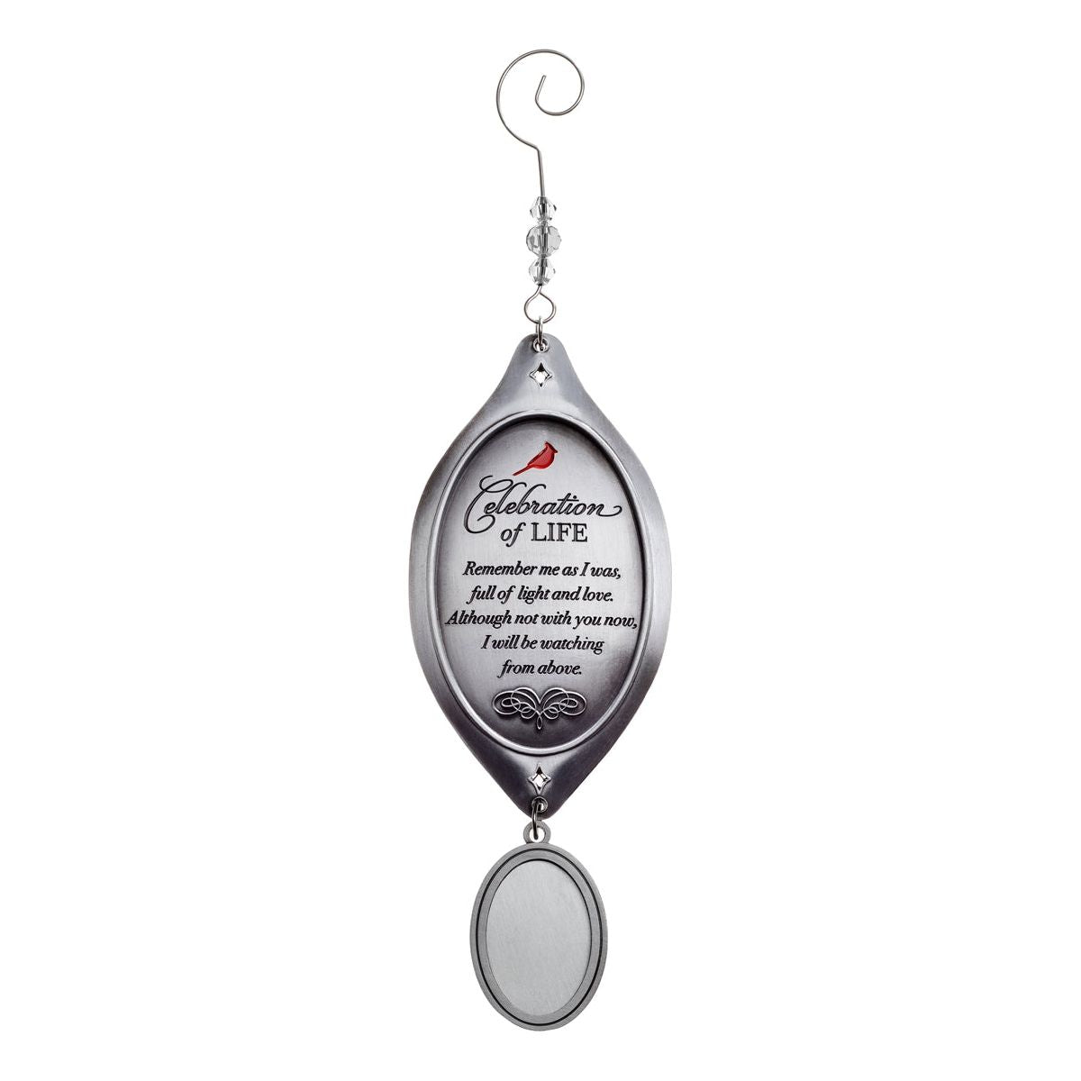 Celebration of Life Memorial Ornament- Cast metal top engraved with "Celebration of Life" sentiment and attached photo pendant.