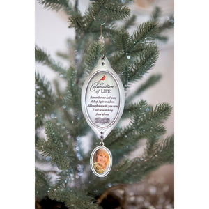 3 of 7:Celebration of Life Ornament hanging from a Christmas tree.