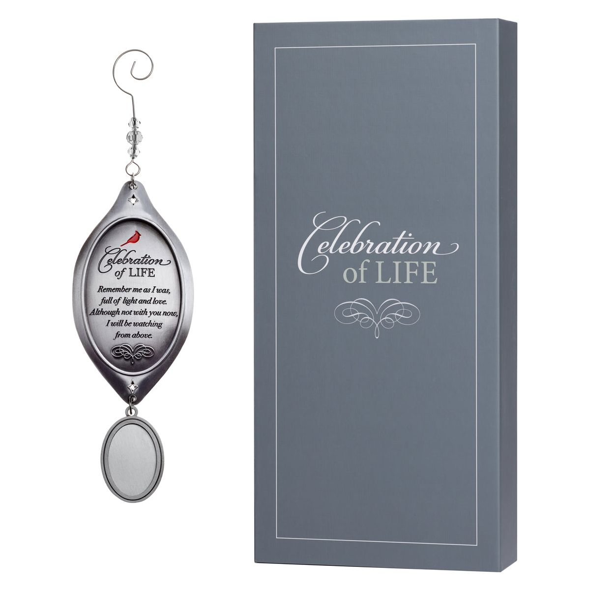 Celebration of Life ornament alongside it&#39;s high quality gray box.