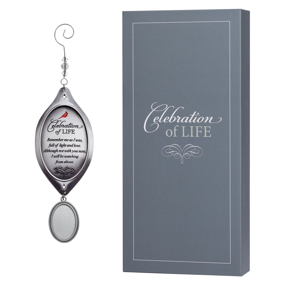 Celebration of Life ornament alongside it's high quality gray box.