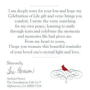 7 of 7:Enclosed card with Celebration of Life product story.