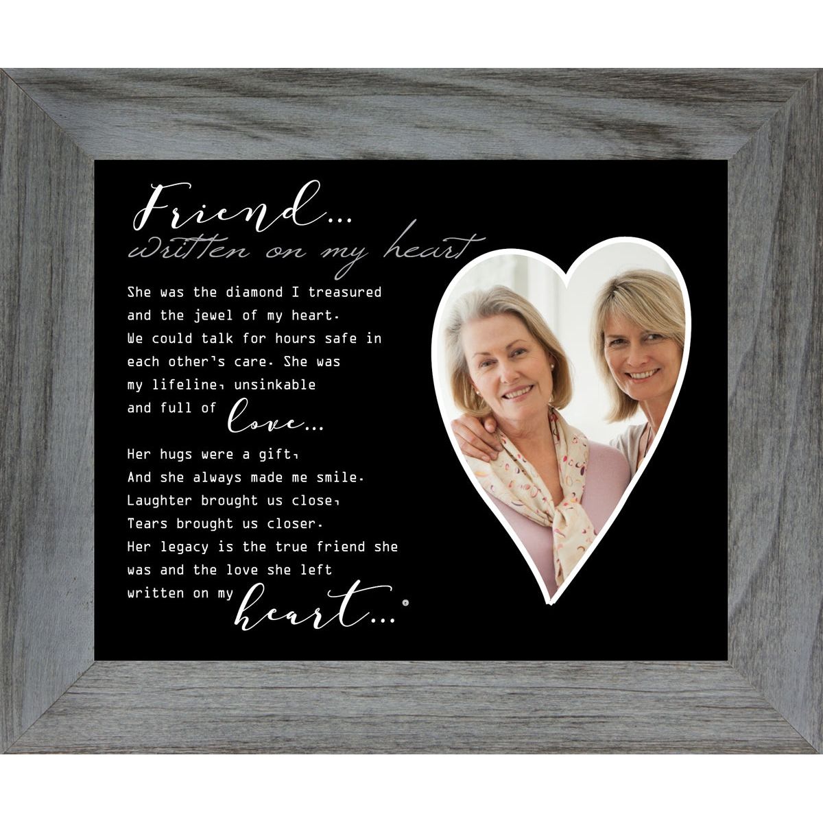 8x10 Distressed Gray wood frame with "Friend... Written on My Heart" poem and an heart shaped opening for a photograph.