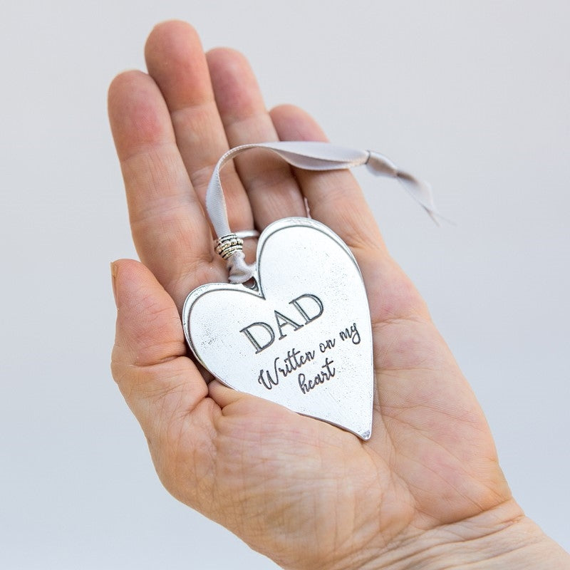 Cast pewter heart engraved with "Dad Written on my heart".