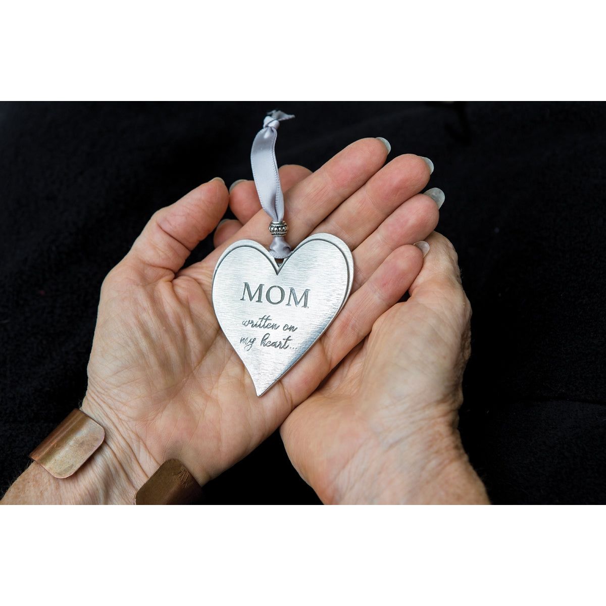 Cast pewter heart engraved with "Mom Written on my heart".