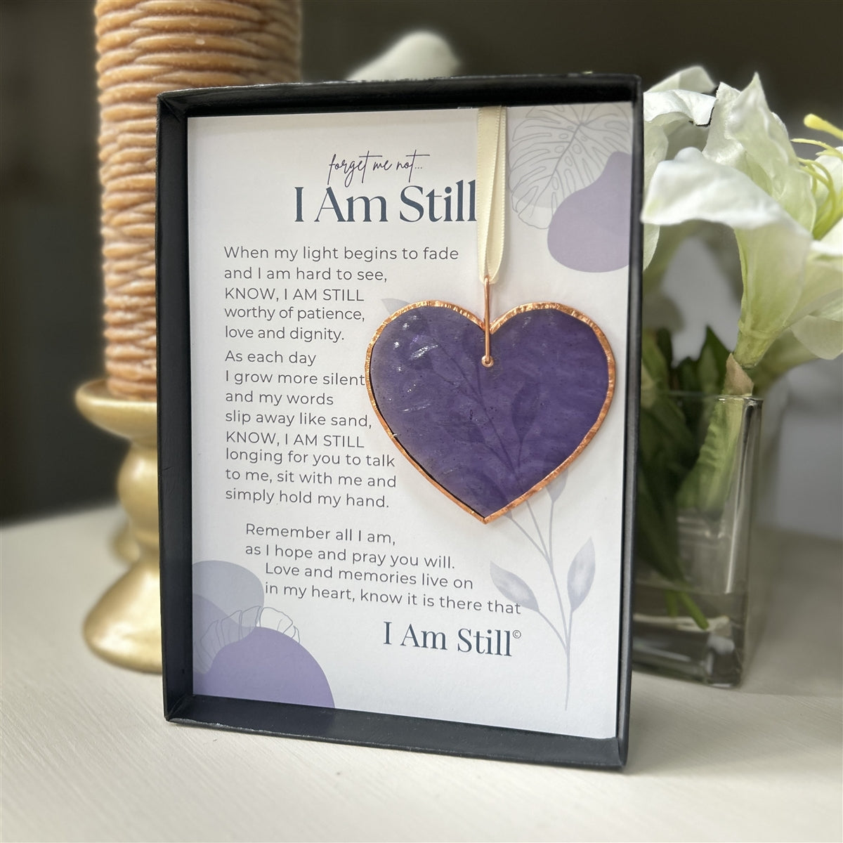 Alzheimer/Dementia Family Support Gift: Periwinkle stained glass heart with copper edging and ring packaged with "I am Still" Poem in a black box with a clear lid