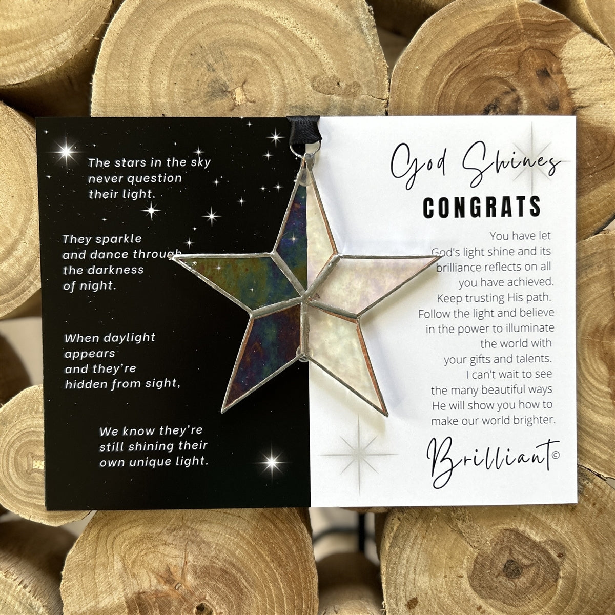 Congrats star and artwork with the "God Shines" poem on the left side and the "Congrats" sentiment on the right side.