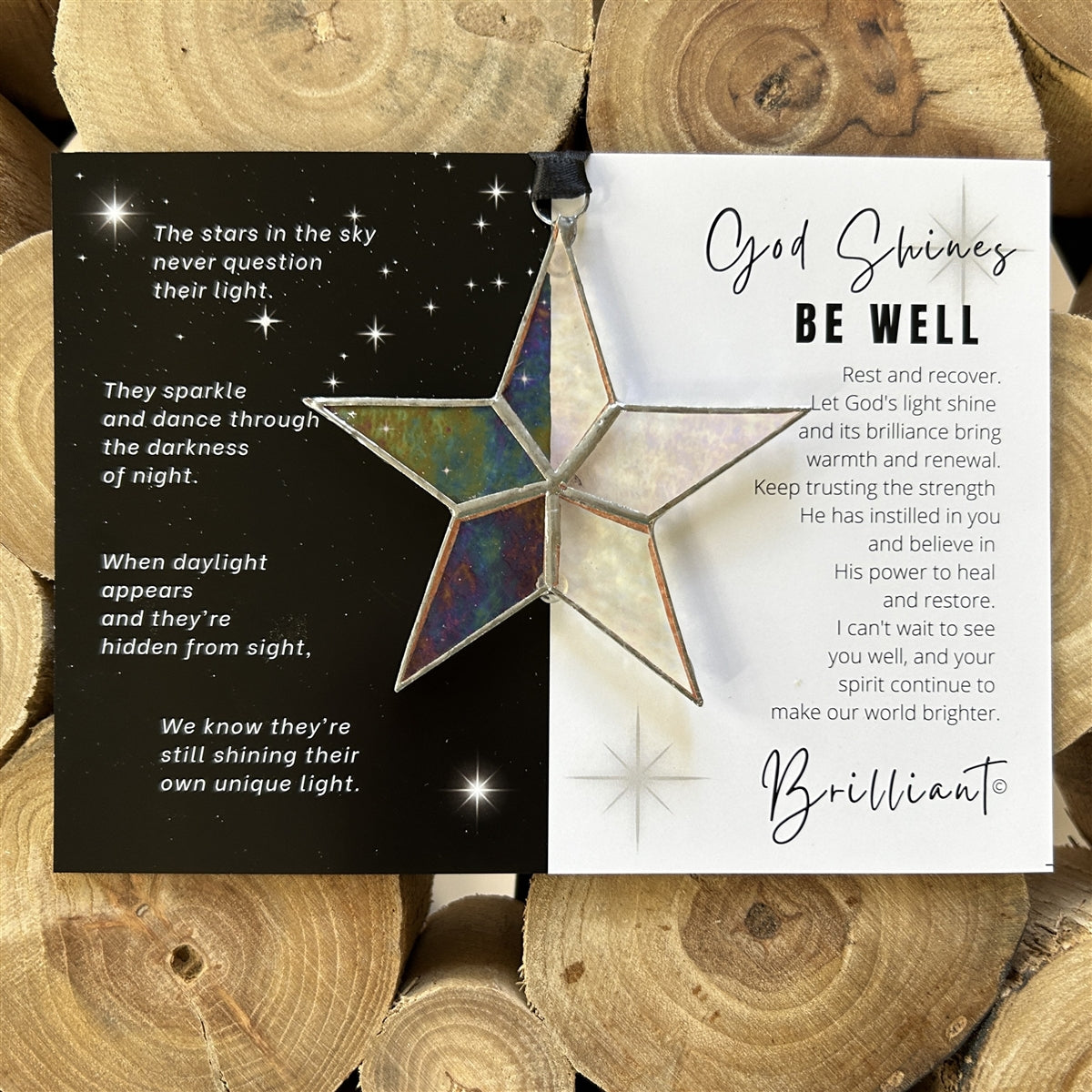 Be Well star and artwork with the &quot;God Shines&quot; poem on the left side and the &quot;Be Well&quot; sentiment on the right side.
