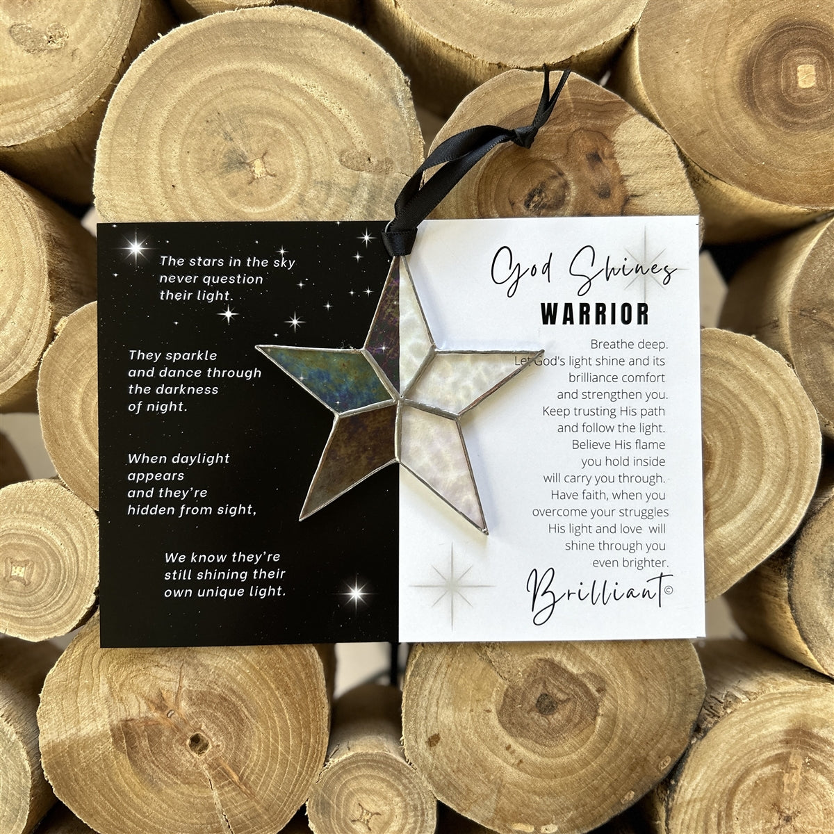 Warrior star and artwork with the &quot;God Shines&quot; poem on the left side and the &quot;Warrior&quot; sentiment on the right side.