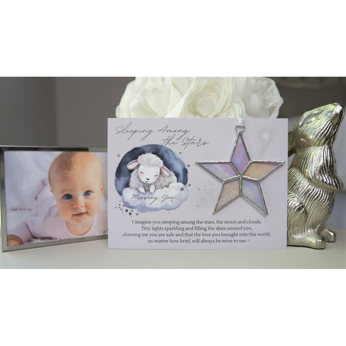 Sleeping Among the Stars artwork with poem and star with white satin ribbon for hanging.