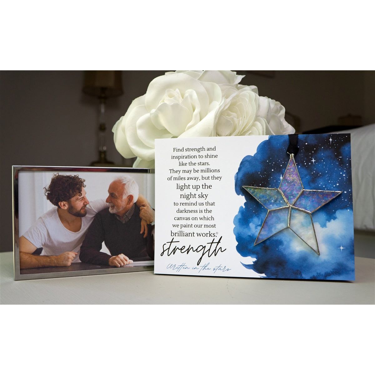 Strength star and sentiment in a bedroom setting.