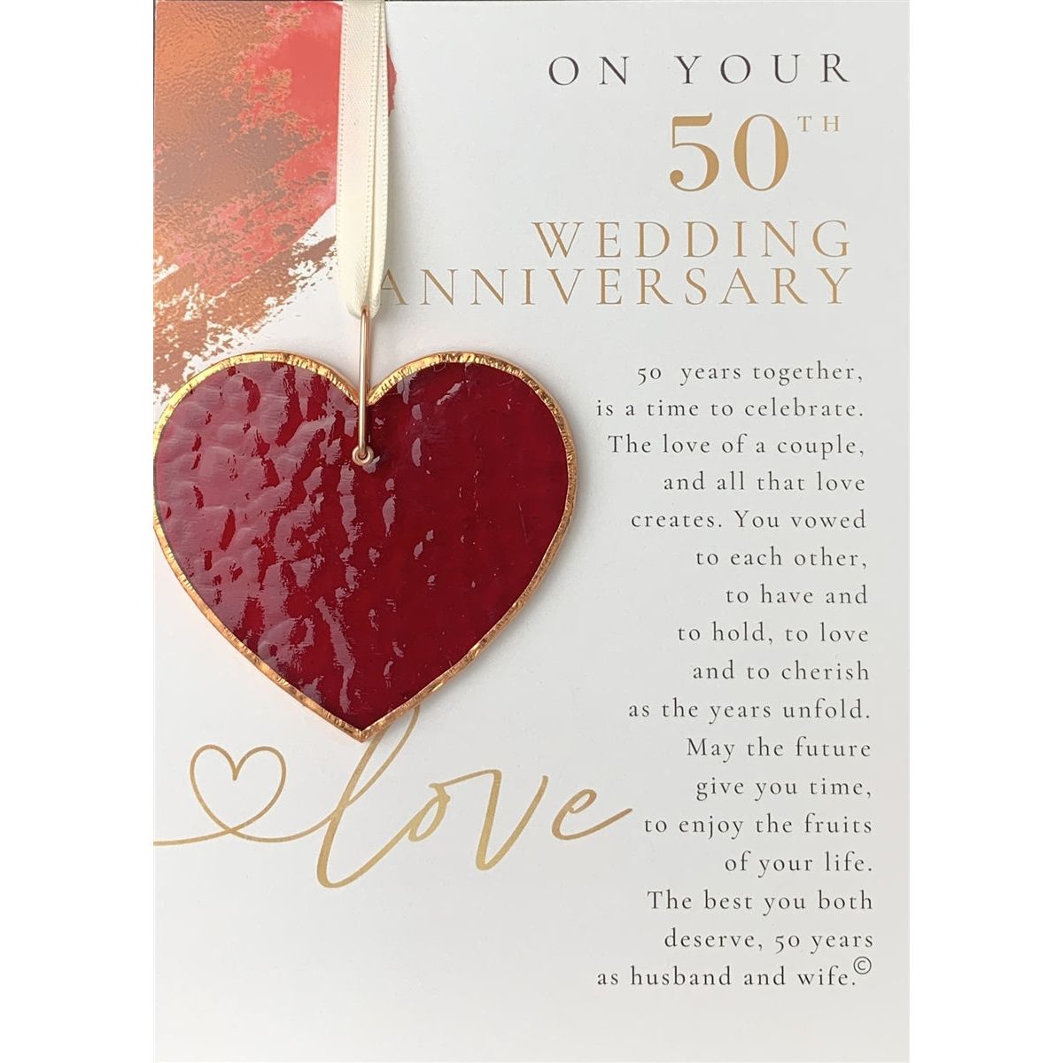 Red heart and artwork with "On Your 50th Wedding Anniversary" poem.