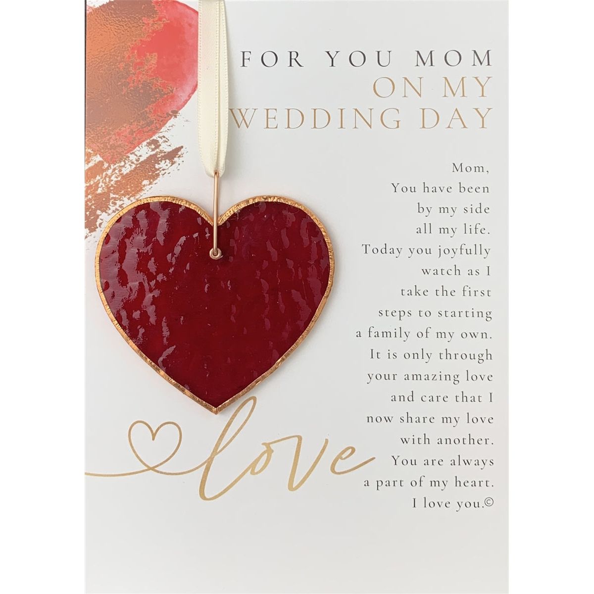 Red heart and artwork with &quot;For You Mom, on My Wedding Day&quot; poem.