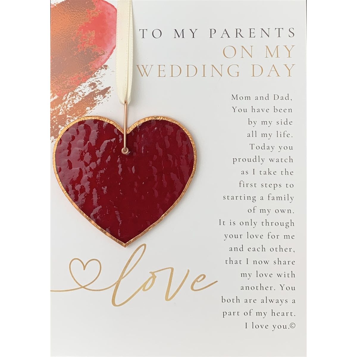 Red heart and artwork with "To My Parents, on My Wedding Day" poem.