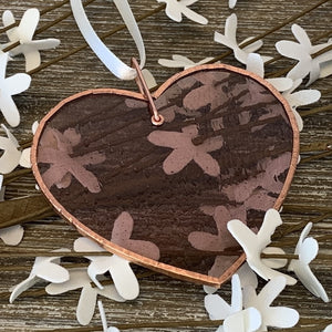 3 of 4:Translucent rose mauve heart with copper edging and off-white satin ribbon for hanging.