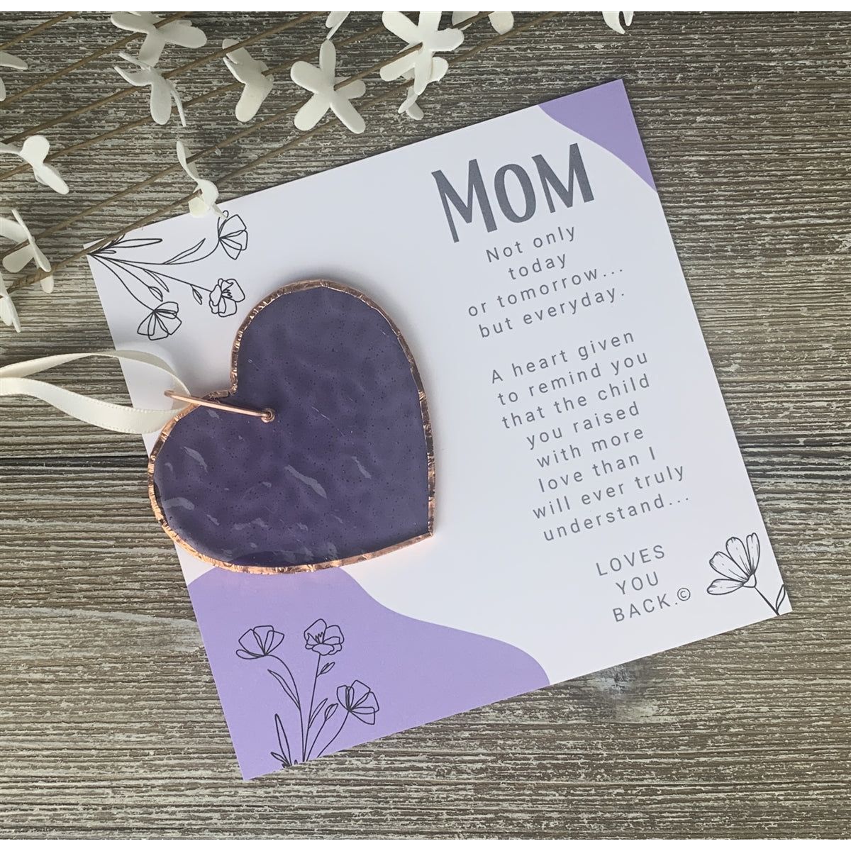Mom artwork with poem and purple stained glass heart.