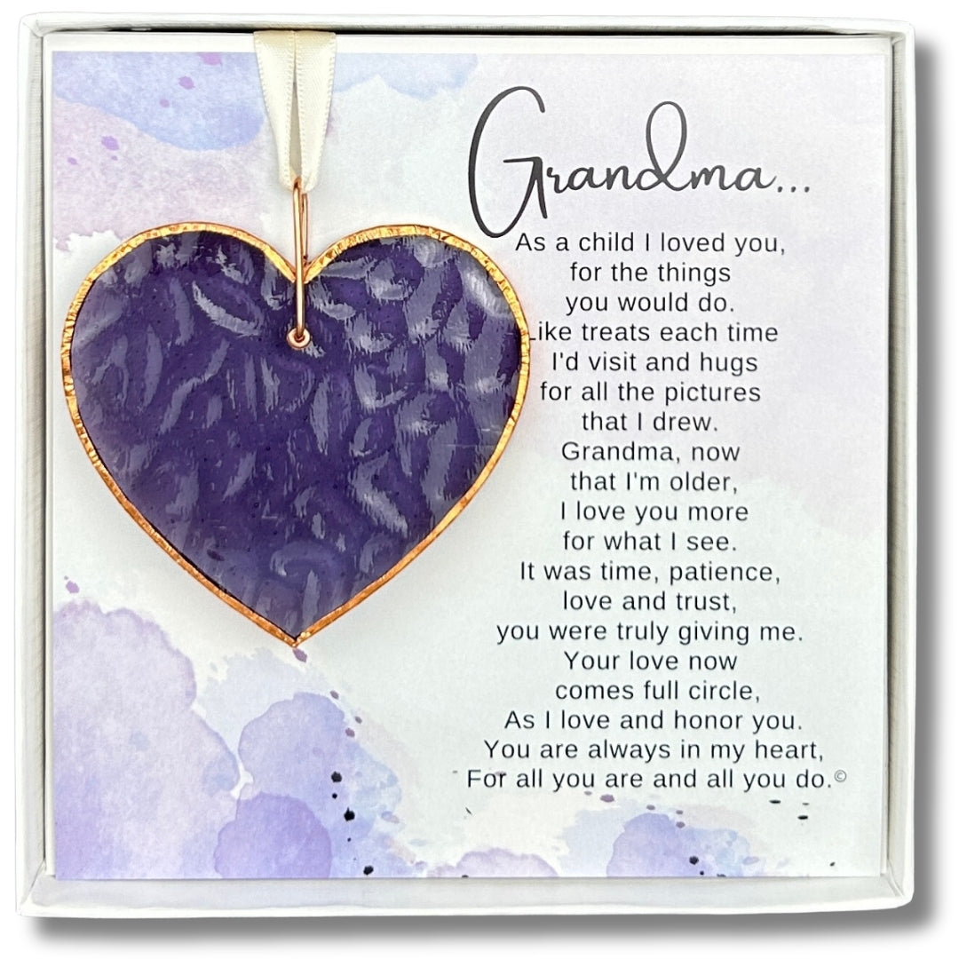 Grandma Gift: Periwinkle stained glass heart with copper edging and ring packaged with &quot;Grandma&quot; Poem in a white box with a clear lid