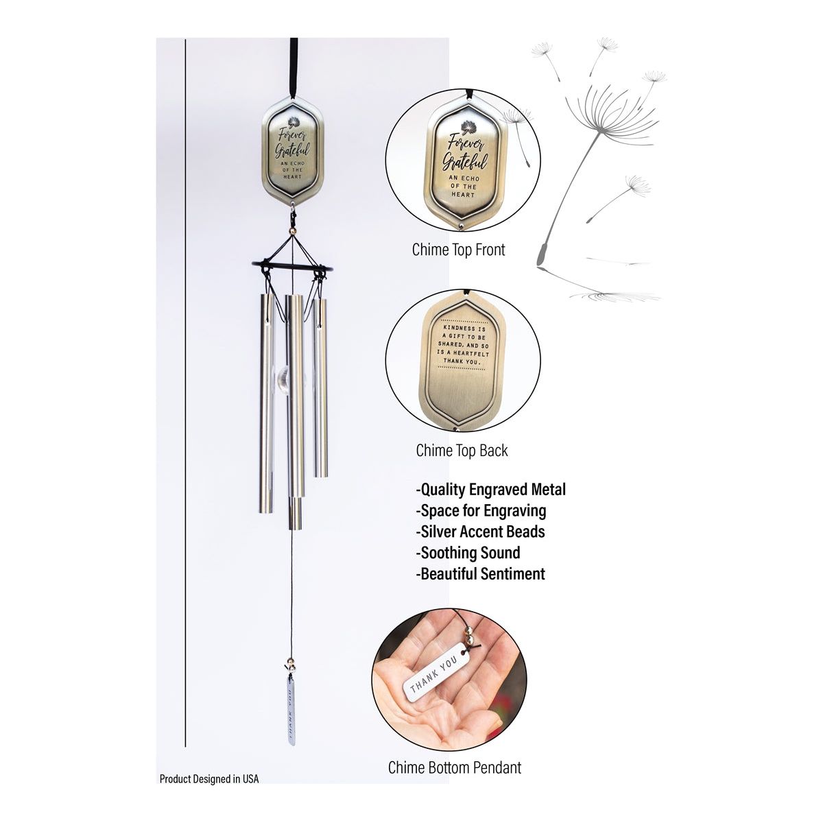 The Forever Grateful Windchime with close up views of the sentiment on front and back of the chime topper.