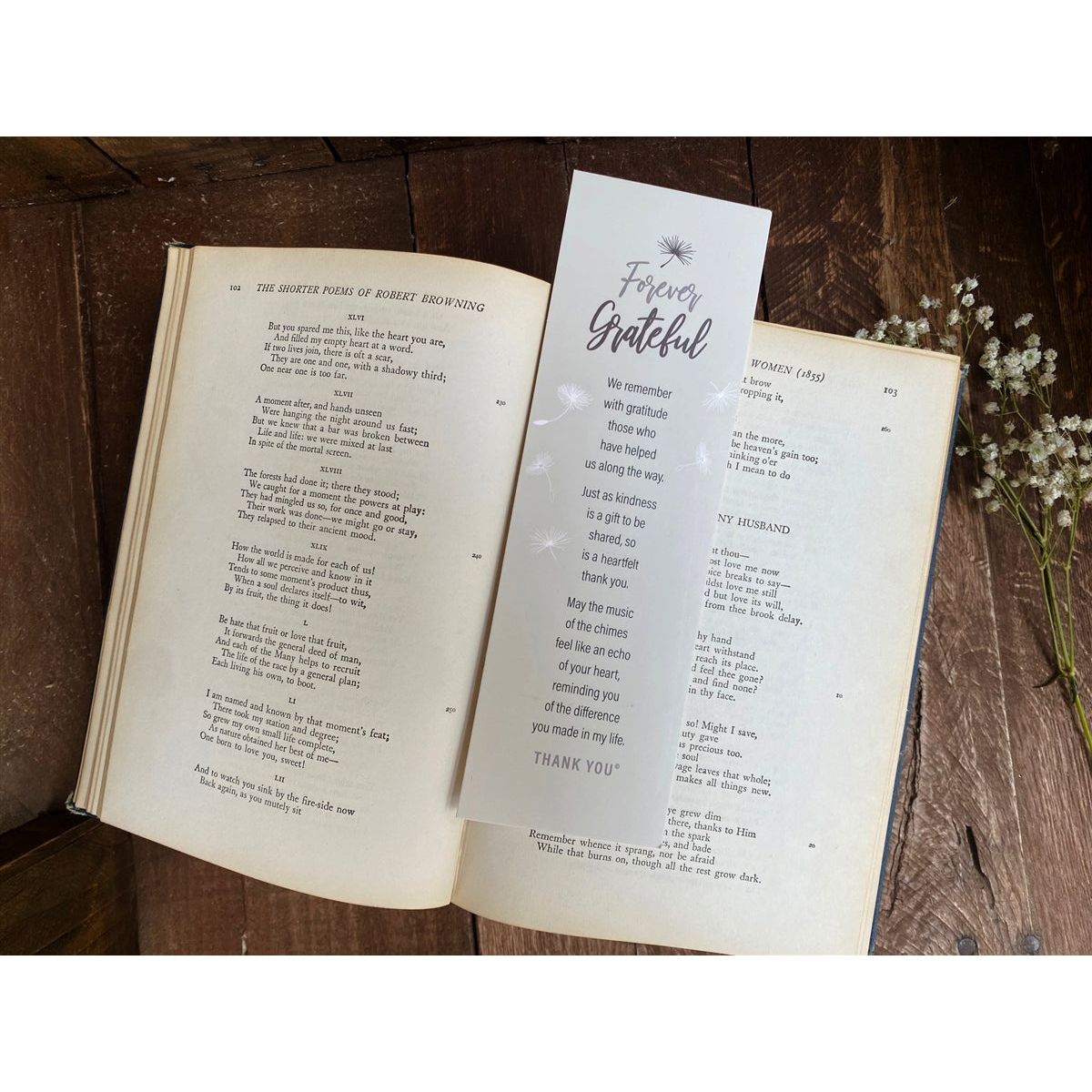 Forever Grateful poem card being used as a bookmark.