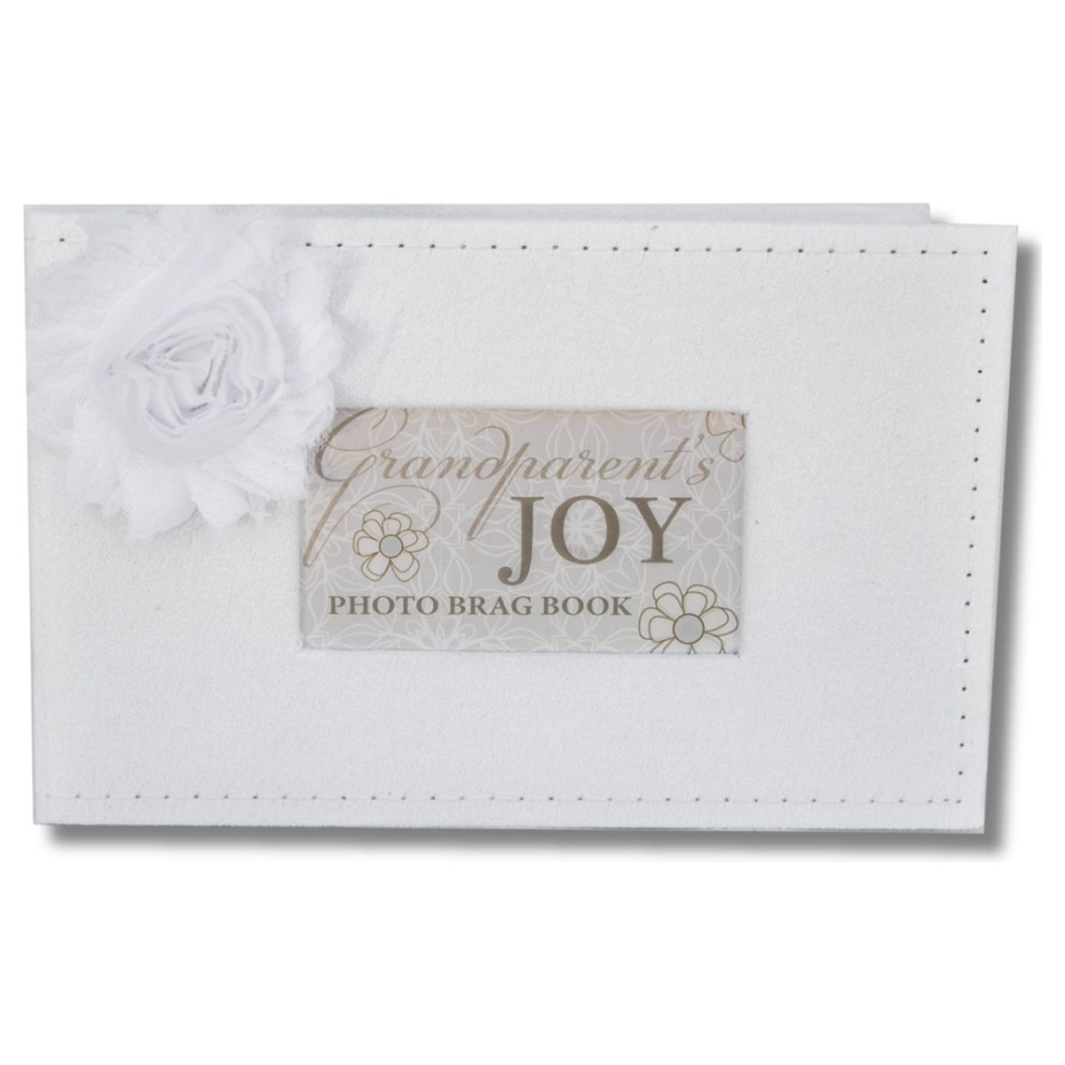 White faux suede photo album with white fabric flower and a window with sentiment artwork showing.