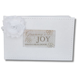 1 of 5:White faux suede photo album with white fabric flower and a window with sentiment artwork showing.