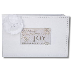 1 of 6:White faux suede photo album with white fabric flower and a window with sentiment artwork showing.