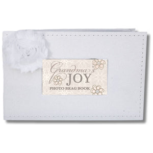 1 of 5:White faux suede photo album with white fabric flower and a window with sentiment artwork showing.