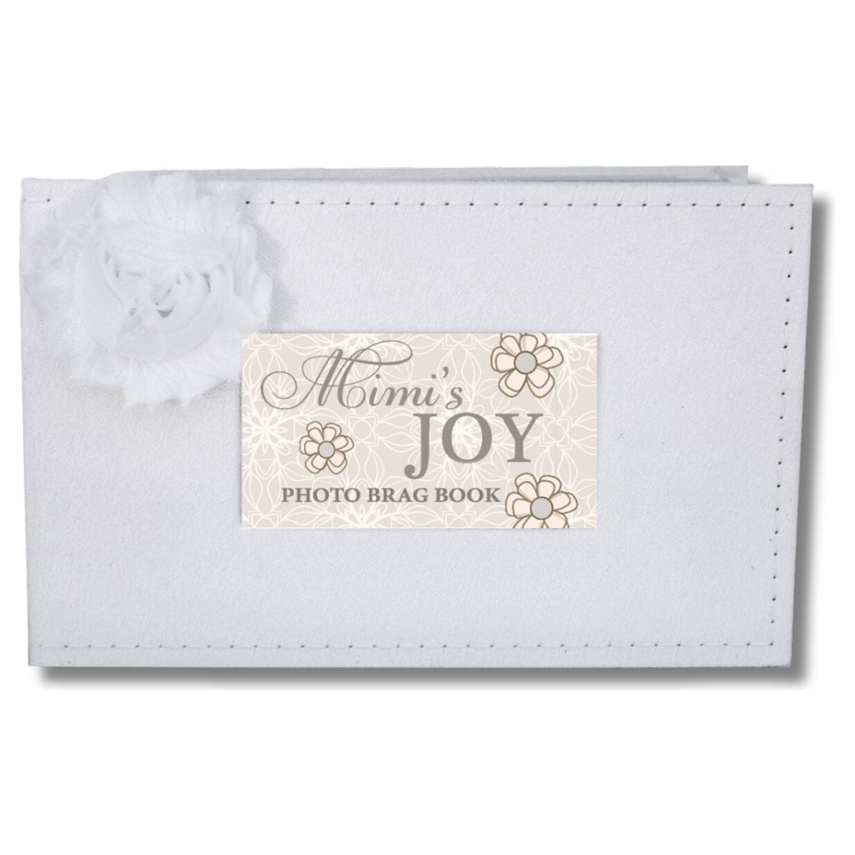 White faux suede photo album with white fabric flower and a window with sentiment artwork showing.