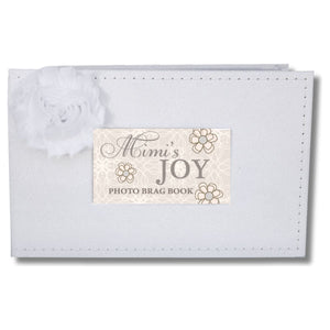 1 of 5:White faux suede photo album with white fabric flower and a window with sentiment artwork showing.