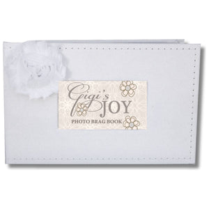 1 of 5:White faux suede photo album with white fabric flower and a window with sentiment artwork showing.