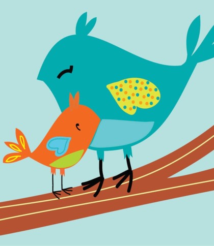 A drawn image of a mother and baby bird.